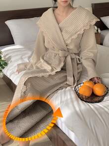 DAZY Women's Plaid Textured Fabric Lace Trim Hooded Loose Long Robe, Autumn/Winter - Khaki - View 3