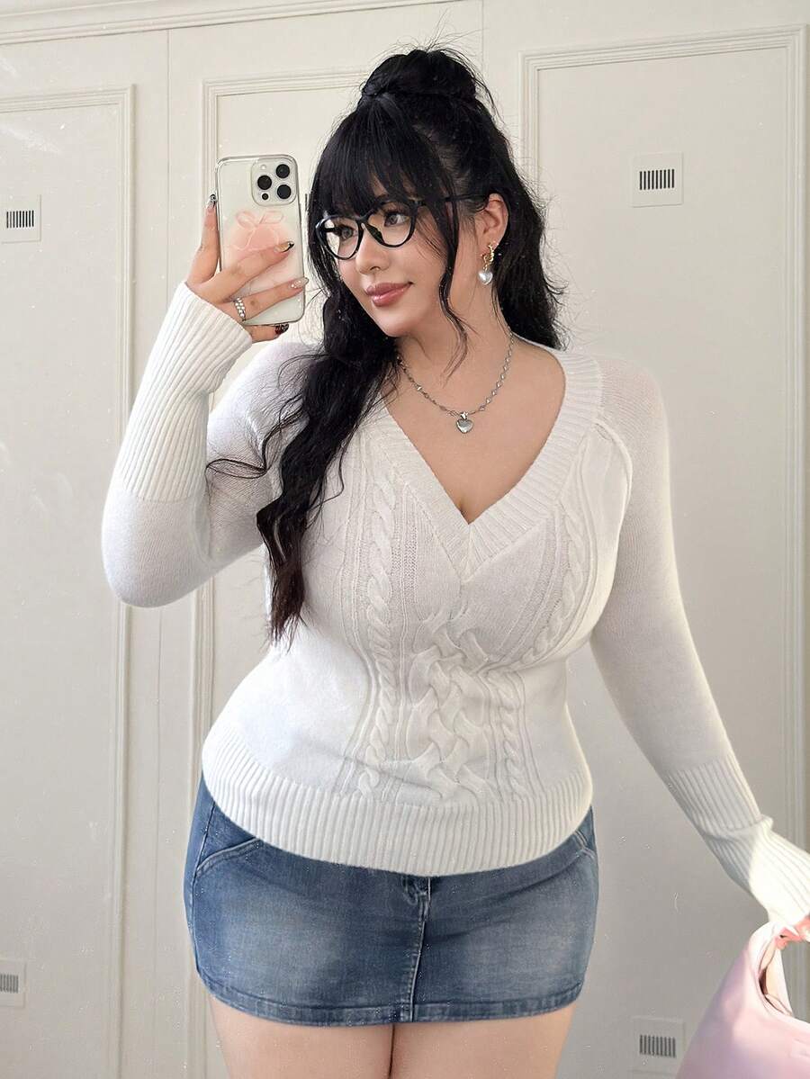 CovetEZ Plus Size V-Neck Long Sleeve Cable Knit Casual Pullover Sweater For Women, Versatile For Commuting, Autumn/Winter - White - View 1