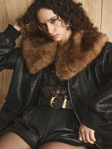 Revavyn Revavyn Women's Black PU Leather Jacket,Winter Chic Night Out Woven Pattern Detachable Fur Collar Jacket,Daily Commuting Fall Clothes,Halloween Costume - Black - View 2