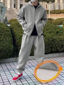 DAZY Bộ quần nỉ có dây rút và áo hoodie lót nhiệt màu xám cho nam, Thu/Đông - Xám - Xem 3