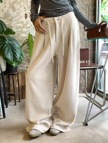 DAZY 女士宽松纯色抽绳腰阔腿裤，休闲街头风，秋冬款 - 杏色 - 查看 4