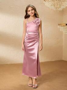 Tween Girl Elegant Minimalist Fashion Asymmetric-Shoulder Sleeveless Waist-Cinched High-Waist Long Snug Fit Slit Dress With 3D Floral Decor, Satin Shiny Fabric, Pink, Suitable For Prom, Birthday Party, Formal Occasions - Pink - View 1