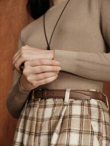 Suéter de cuello redondo ajustado con forro térmico de manga larga para mujer - Camel - Ver 4