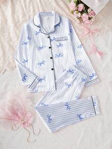 2pcs Women & Teen GirlElegant Plaid Satin Fabric Cardigan & Pants Casual Comfortable Pajama Set Bow Print Pajamas Teen Girls Pajamas-Pajama Set Notch Collar Long Sleeve Top With Bow Print Striped Lounge Pants Light Blue Piped Trim Home Wear All Season 2026 New Year Essential - Blue - View 6