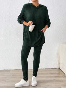 SHEIN Essnce Bộ 2 món áo hoodie và quần legging dài tay trễ vai màu trơn dành cho nữ - Màu xanh lá cây đậm - Xem 5