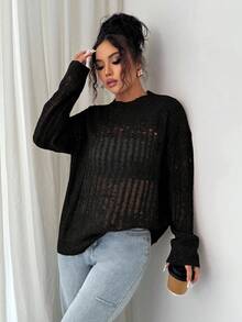 Rafferiza Suéter transparente y ligero con calado para mujer - Negro - Ver 4