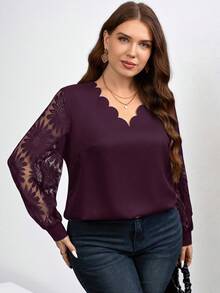 Chikora Plus Size Women's V-Neck Lace Patchwork Sunflower Blouse, Spring - Purple - View 6