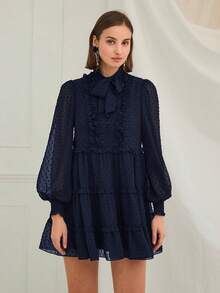 Enchnt Women's Fashion Tie Collar Round Dot Ruffle Hem Short Dress,Fall,Fall Clothes For Women,Women's Winter Clothes