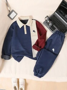 Vacaura 2pcs/Set Teenage Boys' Casual Colorblock Polo Collar Sweatshirt & Jogger Pants,Autumn,Graduation,Back-To-School,Minimalist School Streetwear Outfits - Multicolor - View 5