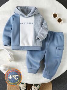 SHEIN 2pcs/Set Toddler Boys/Girls Fall & Winter Outfits, Patchwork Contrast Color Hooded Sweatshirt Long Sleeve Knit Top And Pants Set, Comfortable Casual Cute Letter Graphic Basic Hoodie And Pants Suit, Suitable For Indoor, Outdoor, Daily Wear, Sports, Play, Party, Photography, Holiday  Baby Boy Tracksuits