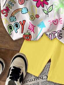 2件套女童休闲可爱卡通星星、爱心、花朵、彩虹、樱桃、快乐印花短袖上衣和短裤套装，适合夏季穿着 - 彩色 - 查看 6