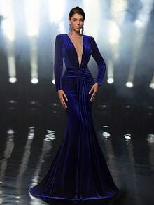Glamrae Elegant Velvet Sexy Deep V-Neck Heavily Embellished Shoulder Pad Long Sleeve Ruched Waist Fishtail Front Slit Robe, Party Dress, Wedding Guest Dress, Evening, Robe For Gala Night Gown - Royal Blue - View 5