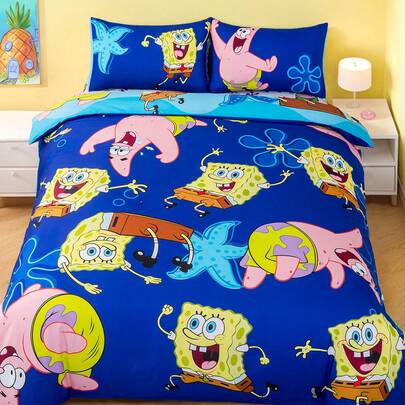 SpongeBob SquarePants | SHEIN Juego de edredón de 3 piezas con estampado de animales marinos de dibujos animados, material arenado, suave y cálido, funda de edredón azul, patrón de doble cara, múltiples tamaños, adecuado para cama individual/cama doble/cama king/cama king, ideas de regalo