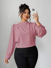 Elenzga Blusa de manga abullonada de unicolor elegante para uso diario, otoño, talla grande - Rosa vieja - Ver 5
