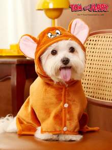 TOM & JERRY X PETSIN 一件装刺绣大耳朵老鼠脸宠物猫狗通用棕色毛绒舒适吸水连帽浴袍 - 棕色 - 查看 4