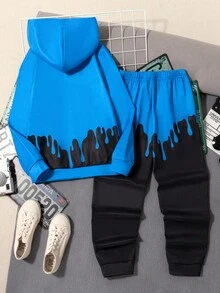 SHEIN Fantacosmos 2pcs Tween Boy Cartoon Print Hoodie Sweatshirt And Straight Casual Pants Set - Blue - View 2