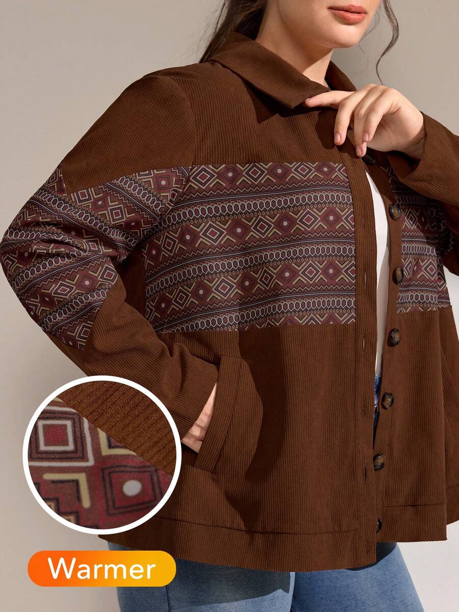 Momelise Plus Size Corduroy Contrast Color Print Long Sleeve Shirt - Coffee Brown - View 1