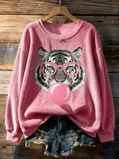 EMERY ROSE Tiger Print Casual Crew Neck Fleece Long Sleeve Sweatshirt For Women, Autumn/Winter, A Great Gift For Friends