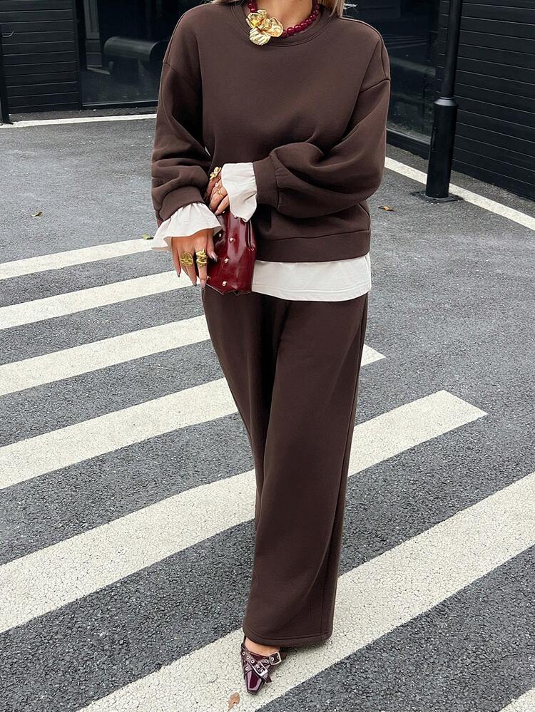 Women's Casual Everyday/Office Commute Loose Fit Drop Shoulder Top And Wide Leg Pants 2 Pieces Set, Spring/Autumn