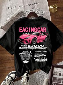 TaskSense 女士休闲标语和汽车印花短袖圆领 T 恤