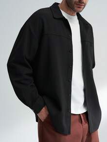 Airaco Men Solid Color Long Sleeve Single-Breasted Casual Pocket Loose Shirt, Fall - Black - View 3