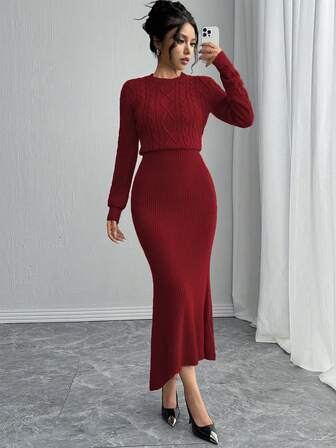 Rafferiza 修身圆领长袖麻花针织鱼尾下摆棕色毛衣连衣裙，女士秋冬款