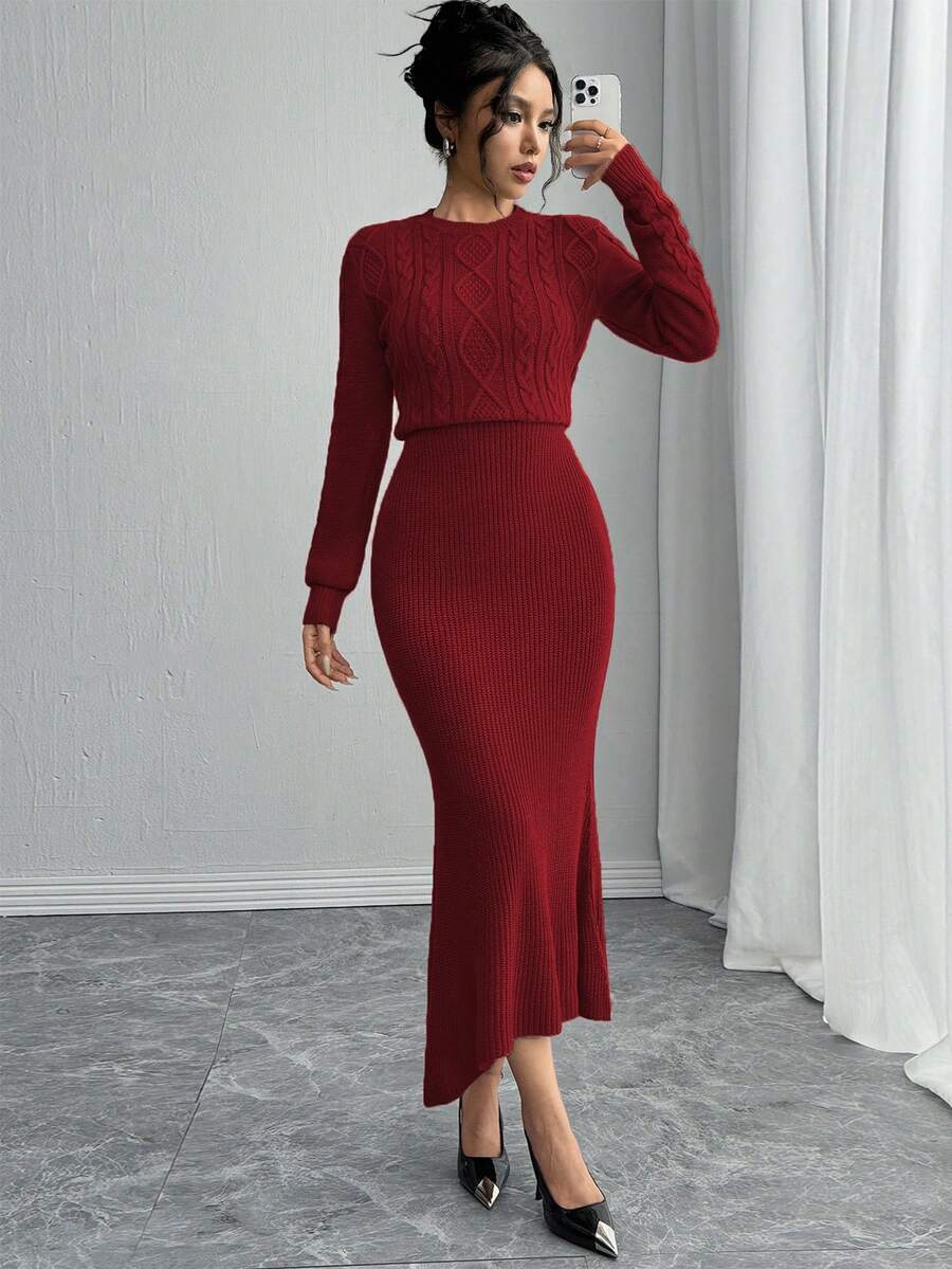 Rafferiza 修身圆领长袖麻花针织鱼尾下摆棕色毛衣连衣裙，女士秋冬款 - 酒紅色 - 查看 1