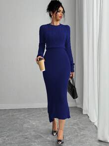 Rafferiza 修身圆领长袖麻花针织鱼尾下摆棕色毛衣连衣裙，女士秋冬款 - 寶藍色 - 查看 4