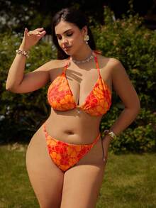 Swim Vcay Traje de baño de 2 piezas con estampado aleatorio, escote halter y lazos, para vacaciones en la playa, talla grande - Multicolor - Ver 1