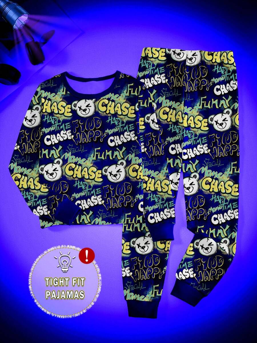 一套男童夜光字母和熊涂鸦印花睡衣套装，长袖上衣和长裤睡衣 - 黑色 - 查看 1