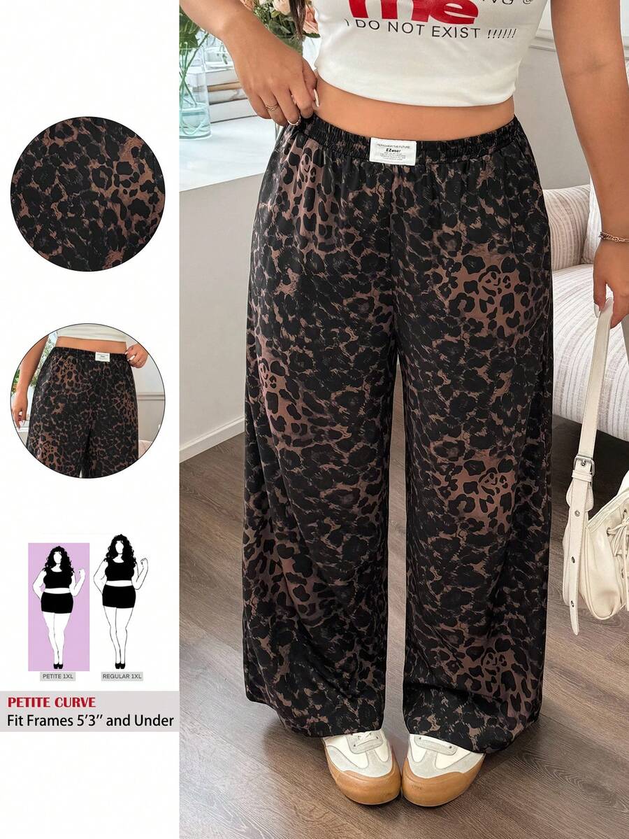 SHEIN PETITE CURVE Plus Size Leopard Print Casual Pants Fall - Brown - View 1