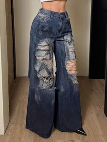 Jeanoix Women's High Waist Pocketed Distressed Wide Leg Loose Casual Jeans - Blue - View 5