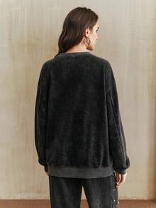 Anewsta 新款时尚女式水洗效果不对称串珠宽松卫衣，别致闪亮，黑色，时尚休闲，春夏季款 - 黑色 - 查看 7