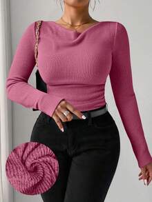 Elenzga RosyDaze Women Plus Size Vintage Asymmetric Draped Neck Textured Ruffle Trim Fitted Long Sleeve Top