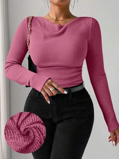 Elenzga RosyDaze Dam Plus Size Vintage Asymmetrisk Draperad Halsringning Texturerad Volangkant Långärmad Topp