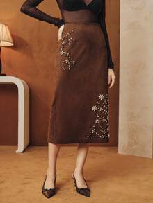 Anewsta Women's New Khaki Rhinestone Embellished A-Line Skirt, Elegant & Refined Mini Skirt - Khaki - View 5