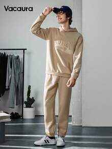 SHEIN Vacaura 2 件套休闲青少年男童字母压花连帽运动衫套装，适合上学、通勤、运动穿着 - 卡其色 - 查看 6