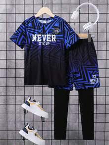 SHEIN 2pcs/Set Teen Boys' Graphic Print Sports T-Shirt And Shorts Set,Casual Athletic Outfit,Summer Streetwear Gym Soft Fabric Active Wear For School,Travel - Black - View 2