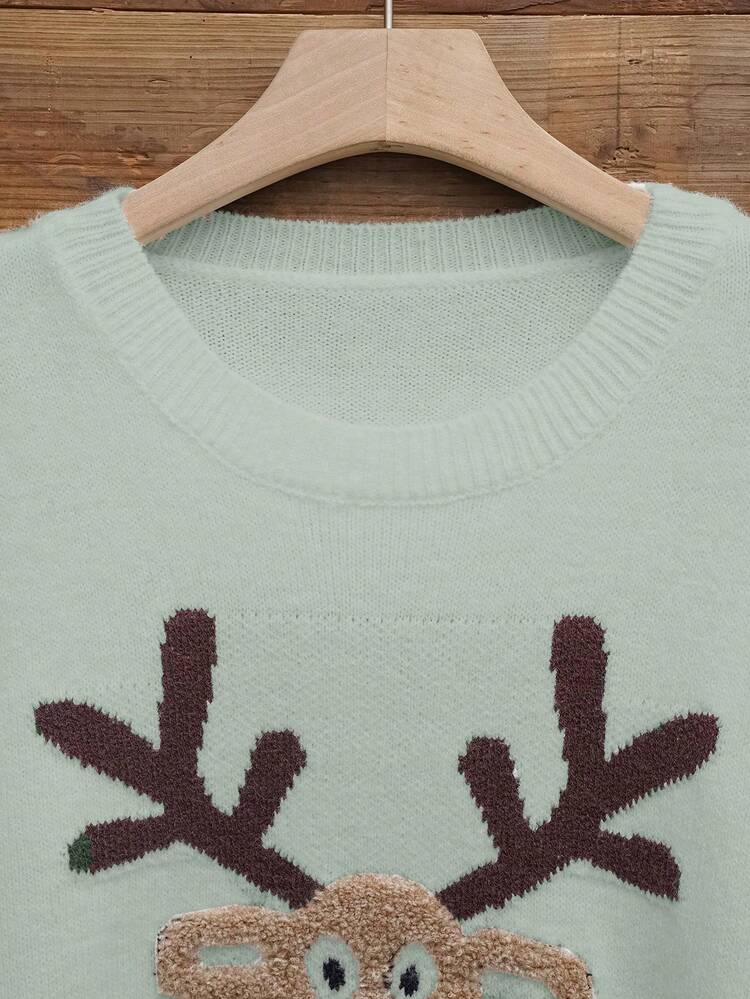 Resyla European & American New Christmas Vibe Jacquard 3D Deer Pattern Loose Fit Crew Neck Long Sleeve Pullover Sweater - Multicolor - View 7