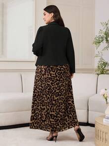 Modelyn Plus Size Women's Solid Color Batwing Sleeve Jacket And Leopard Print Slip Dress Elegant 2-Piece Set - Black - View 2