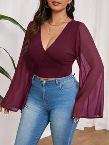 SHEIN Frenchy 大码女式优雅简约雪纺拼接喇叭袖上衣，秋季款 - 中紫紅色 - 查看 5