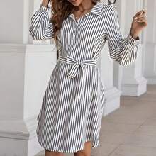 Vestido Cortos Camisero A Rayas Para Mujer Con Cinturón, Vestidos Elegante De Manga Larga - Blanco - Ver 6