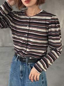 FRIFUL 女士条纹圆领长袖单排扣休闲T恤 - 彩色 - 查看 1