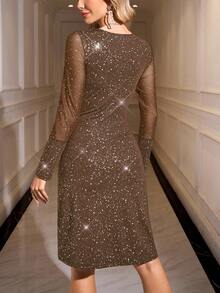 SHEIN Clasi 女士优雅水钻装饰圆领收腰短款连衣裙，秋季 - 棕色 - 查看 2