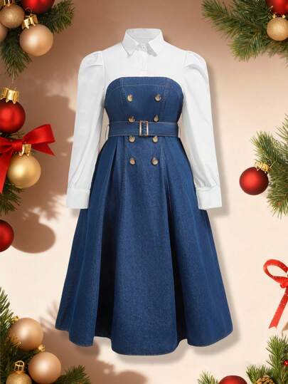 SHEIN CURVE+ Plus Size Color Block Belted Elegant Long Sleeve Denim Dress,, Christmas Denim,Christmas,New Year ,New Year Clothes,Denim Midi Dress,Button Front Denim Dress,Belted Denim Dress,Shirt Style Denim Dress,A-Line Denim Dress,Ight Wash Denim Dress,Holiday Season Denim Dress,Date Night Denim Dress,Christmas Gift Denim Outfit,Plus Size Shirt-Style Denim Dress Button Front,Plus Size Faux Two-Piece Denim Dress,Plus Size Flared Skirt Denim Dress,Inclusive Fit Button Front Denim Dress,Casual Chic Plus Size Denim Dress,Christmas Party Plus Size Denim Dress,New Year's Eve Statement Denim Dress,Elegant Denim Dress Plus Size,Chic Shirt-Style Denim Dress,Vintage Elegant Denim Dress,French Chic Denim Dress,Sophisticated Plus Size Denim Look,Tie Waist Denim Dress For Curves,Minimalist Elegant Denim Outfit,Elegant Plus Size Denim Dress – Button Front, Tie Waist, Flared Skirt,French Chic Faux Two-Piece Denim Dress For Curves,Elegant Commuter Denim Style