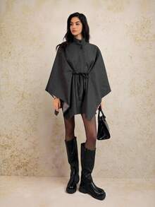 SHEIN Tall Women's Elegant High Collar Batwing Sleeve Cinched Waist Waist Wool Blend Coat In Fall/Winter - Grey - View 6