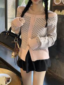 DAZY 女士露肩波点长袖开衫，秋冬款 - 粉色 - 查看 5