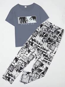 2pcs/Set Teenage Boys' Casual Cartoon Graphic Print Loose Fit Pants And Short Sleeve Top Pajama Set - Dark Grey - View 4