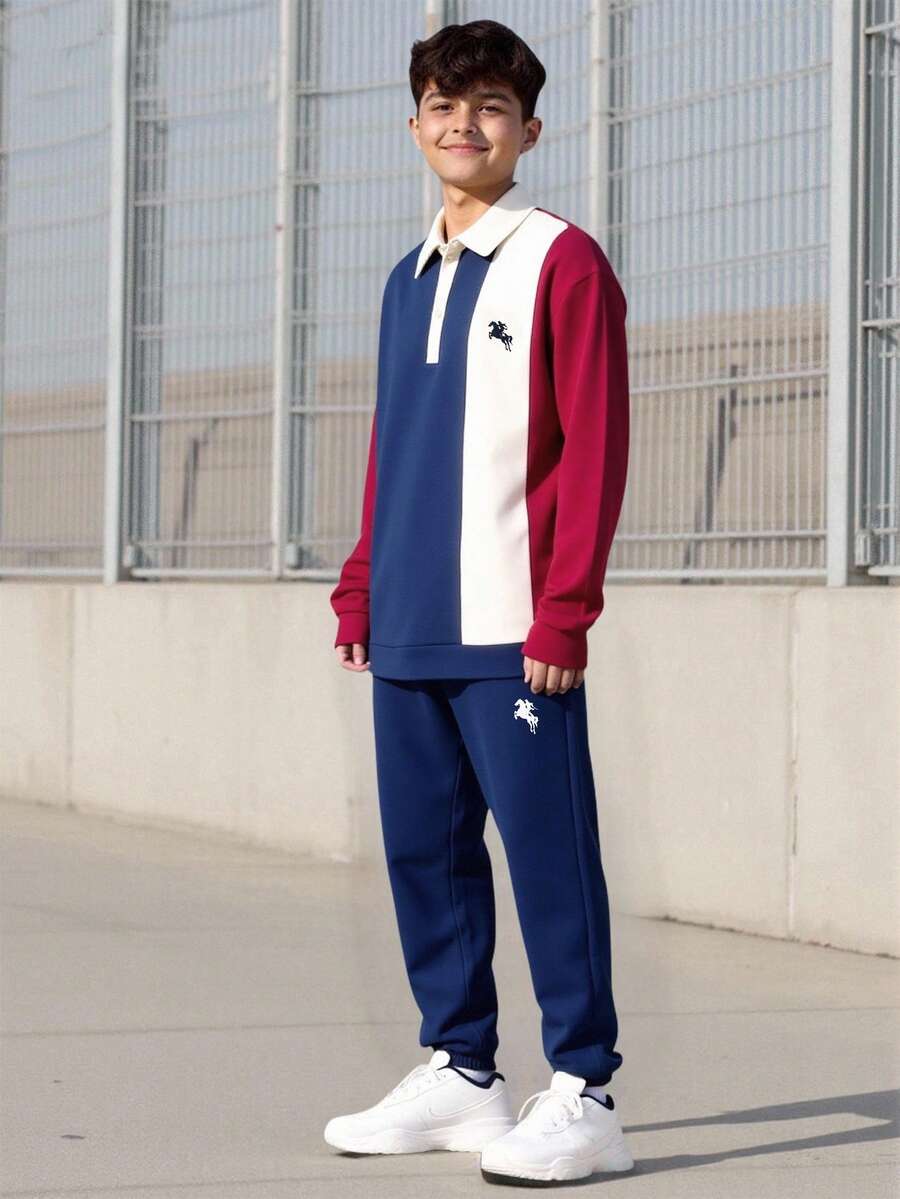 Vacaura 2pcs/Set Teenage Boys' Casual Colorblock Polo Collar Sweatshirt & Jogger Pants,Autumn,Graduation,Back-To-School,Minimalist School Streetwear Outfits - Multicolor - View 1