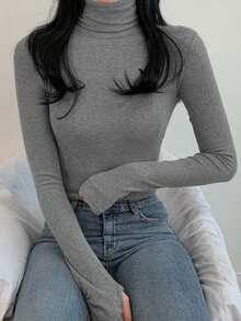 DAZY Áo thun nữ dáng ôm cổ cao tay dài màu trơn đơn giản - Xám - Xem 4